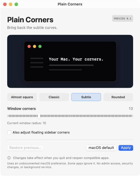 The Plain Corners app window: four presets, a radius slider, an illustrative preview, and apply and restore buttons